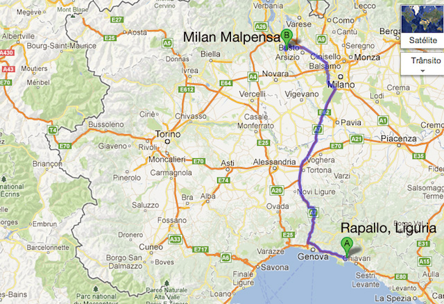 Trajeto de carro do aeroporto de Malpensa (Milão) a Rapallo, Liguria (2h30min)