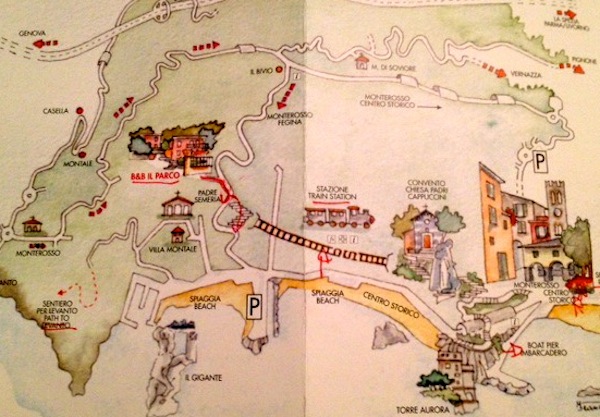 Nosso hotel (Il Parco) e o caminho (em vermelho) para a descida até a praia de Monterosso.