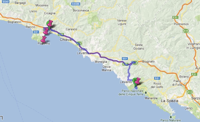 60 km de Rapallo a Monterosso que levam por volta de 1 hora e meia