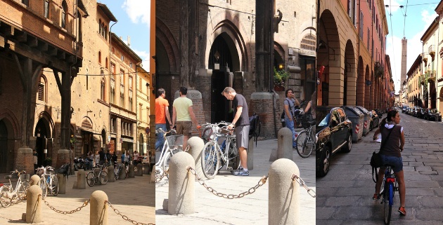 O pórtico mais antigo de Bologna e o marido estacionando as bikes em frente ao restaurante