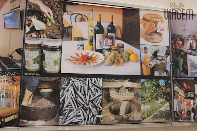 algumas das especialidades produzidas pela região: vinho, pesto, azeite, limão siciliano e anchova