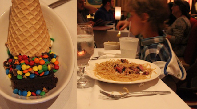 o menu kids (já bagunçado!) com espaguete, filé mignon e uma sobremesa divina!!