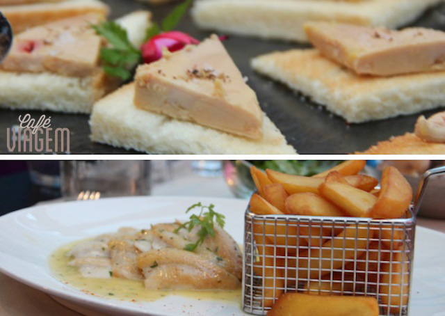a entrada com foie gras e o prato princiapl de peixe com batatinhas - nhamy!