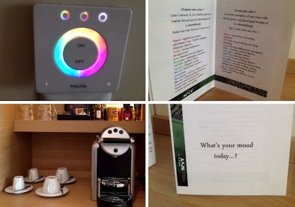 Os “brinquedinhoa" do quarto: efeitos de luzes com menu e a máquina Nespresso