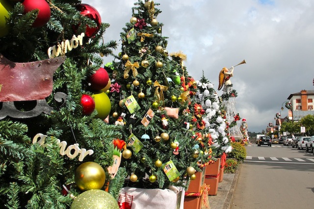 Cada loja, hotel e restaurante tem a sua árvore decorada na Borges de Medeiros de Gramado