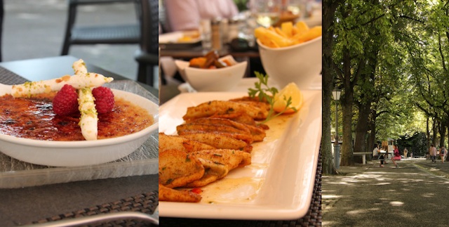 sobremesa, o peixe clássico de Genebra e a área verde em frente ao restaurante
