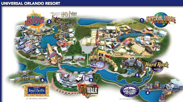 Mapa da área: na entrada, logo após o estacionamento está o City Wallk À esquerda, o Island of Adventure e à direita, o Universal Studios