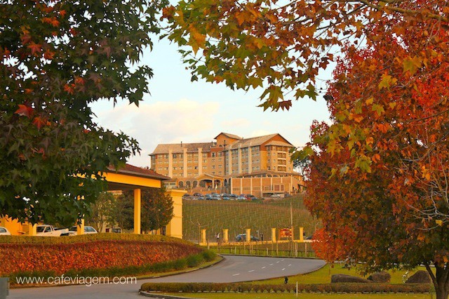 O Hotel Spa do Vinho visto da vinícola Miolo, outra bela paisagem do outono